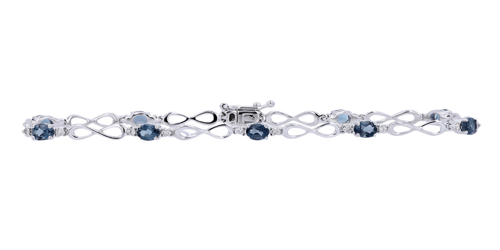 10K White Gold 0.18 CTW Diamond 1.80 CTW London Blue Topaz Infinity Bracelet