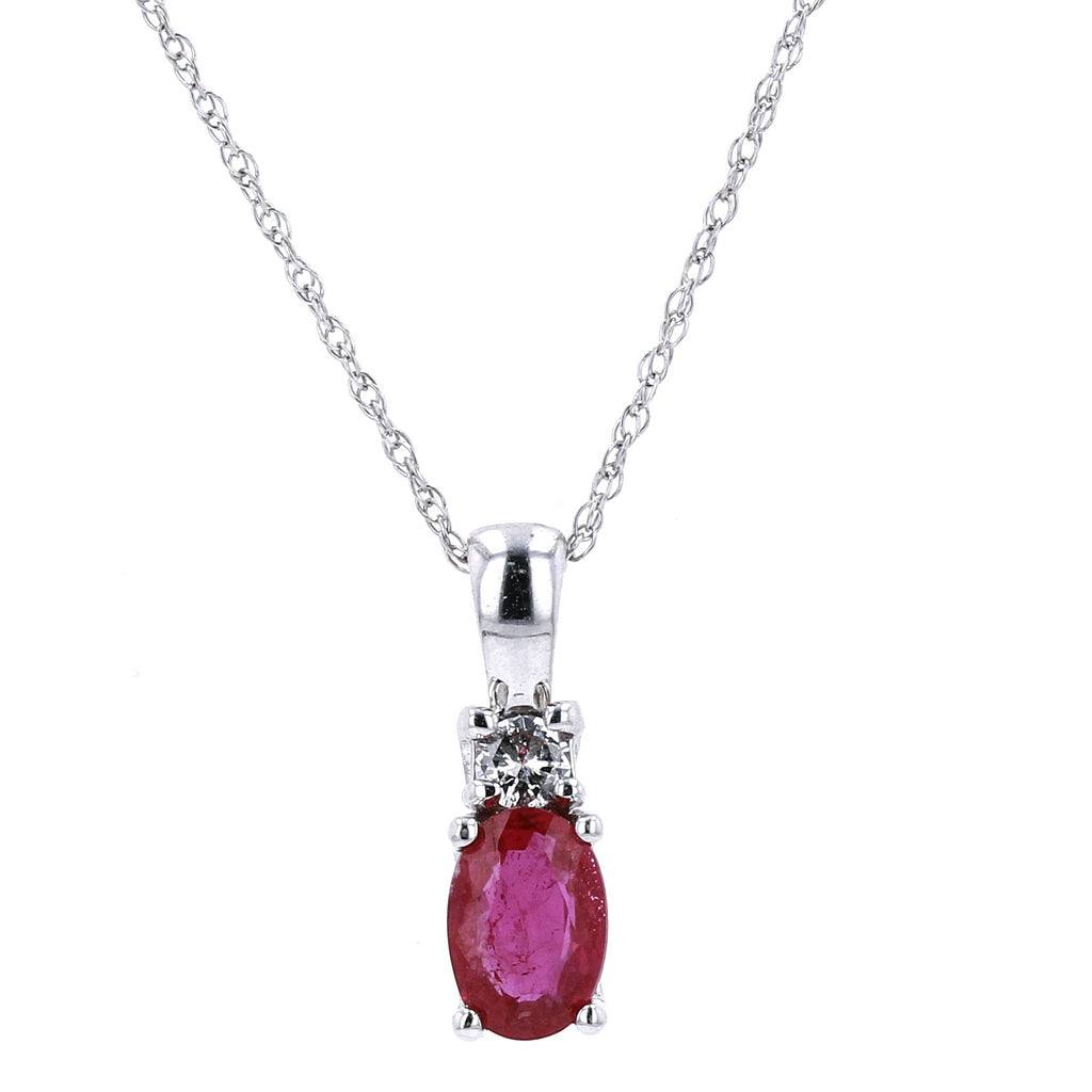 10K White Gold 0.05 CT Diamond Ruby Pendant 18" Chain