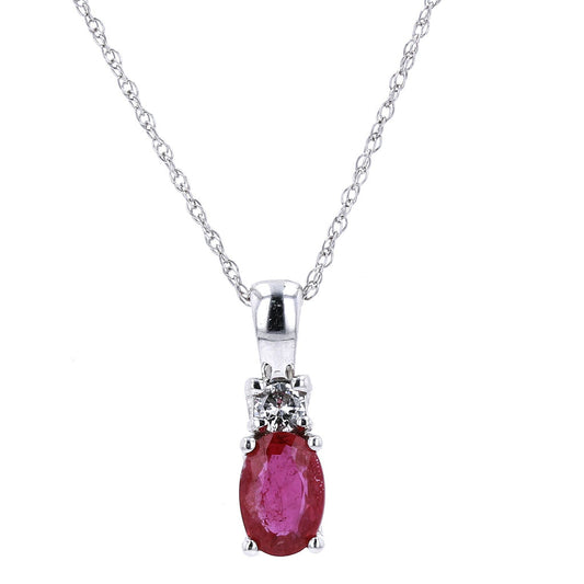 10K White Gold 0.05 CT Diamond Ruby Pendant 18" Chain