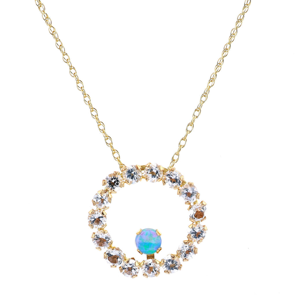 10K Yellow Gold White Topaz & Created Opal Pendant 18" Chain