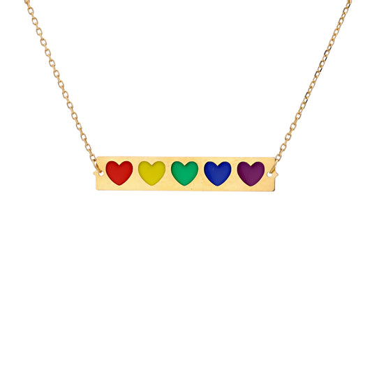 Rainbow Heart Bar Necklace in 14k Gold